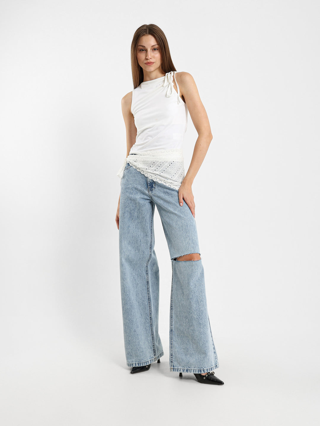 Asymmetric Neck Tie Sleeveless Top