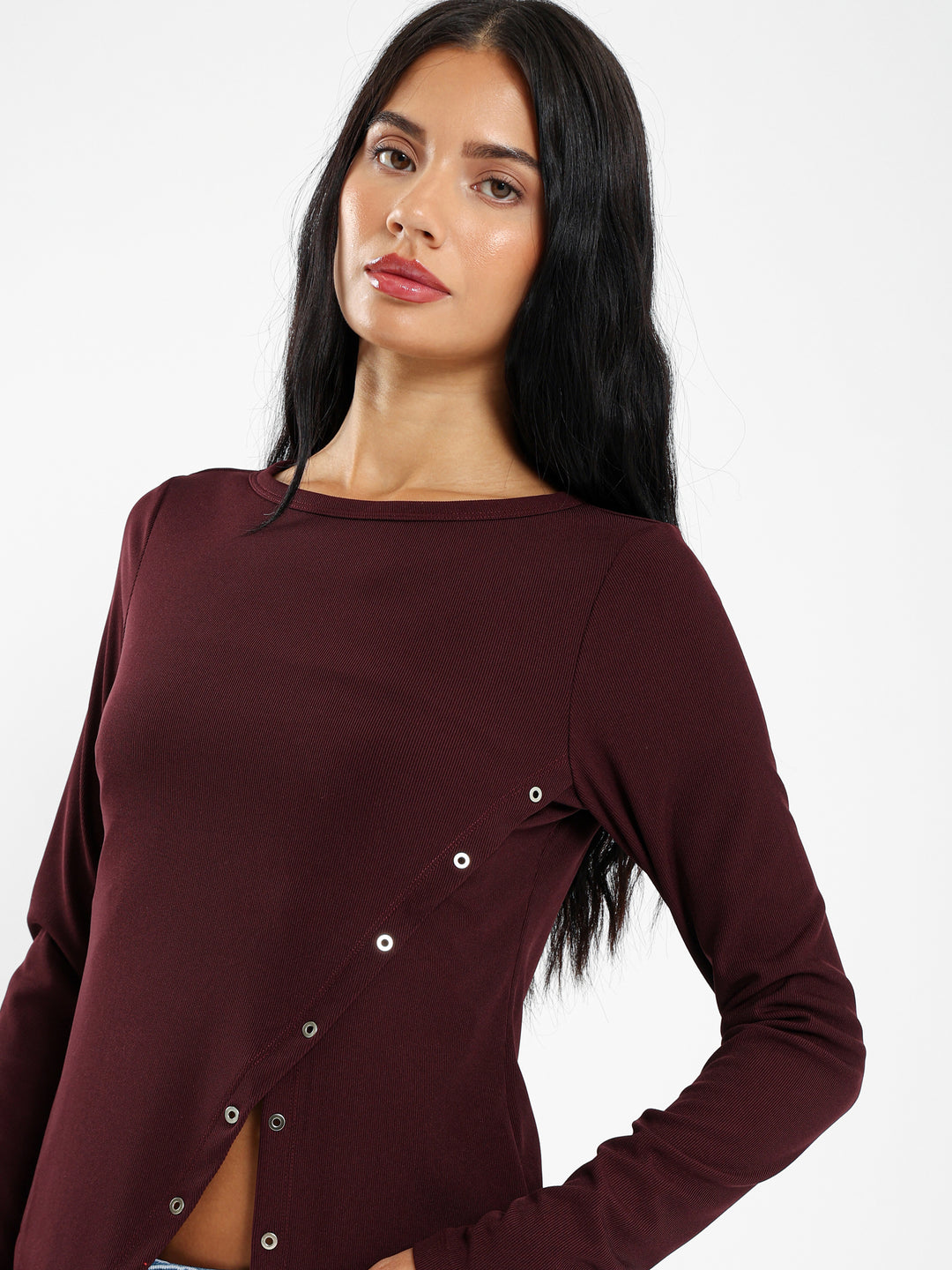 Long Sleeve Tshirt With Front Eyelet Detail