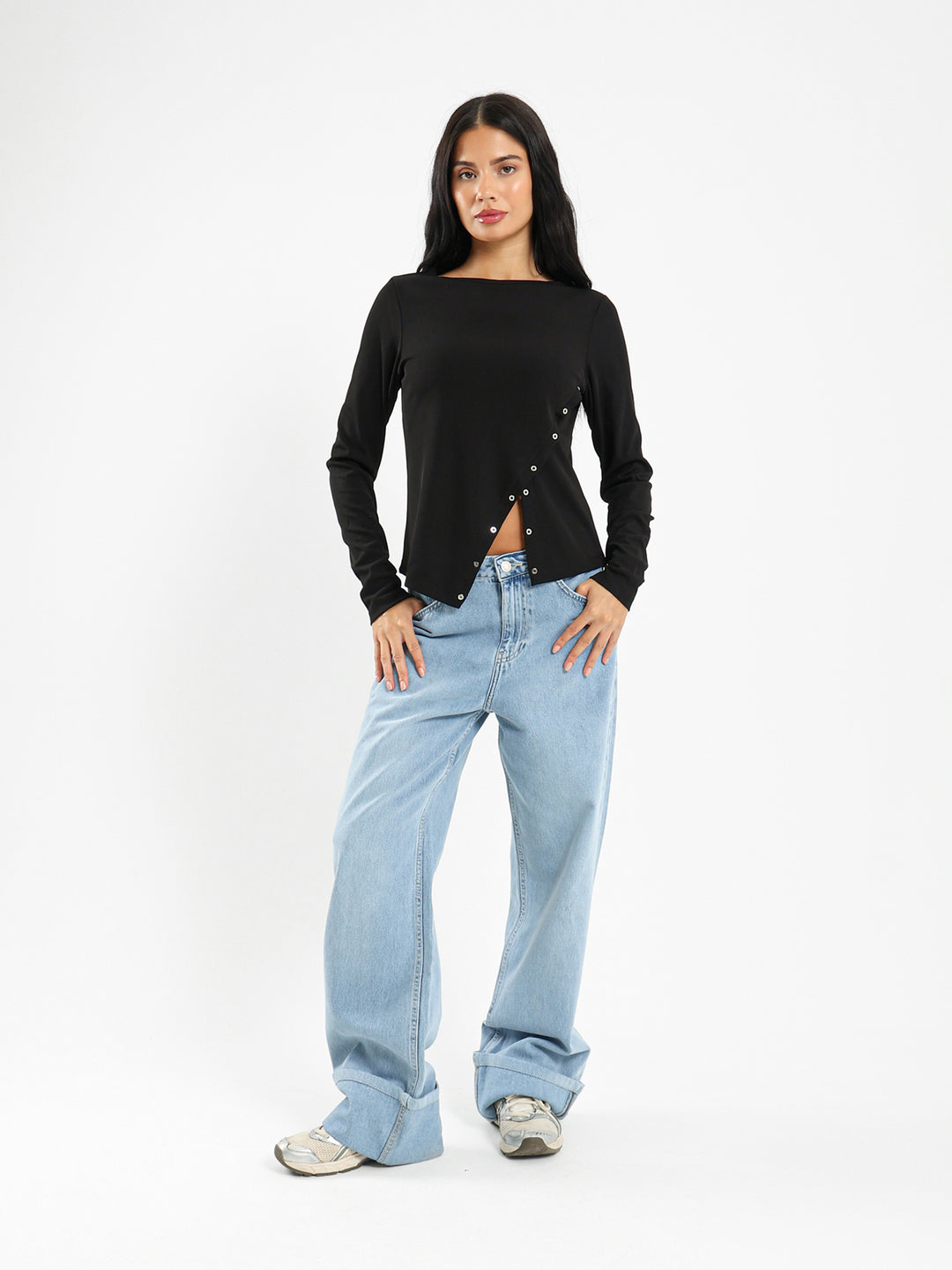 Long Sleeve Tshirt With Front Eyelet Detail