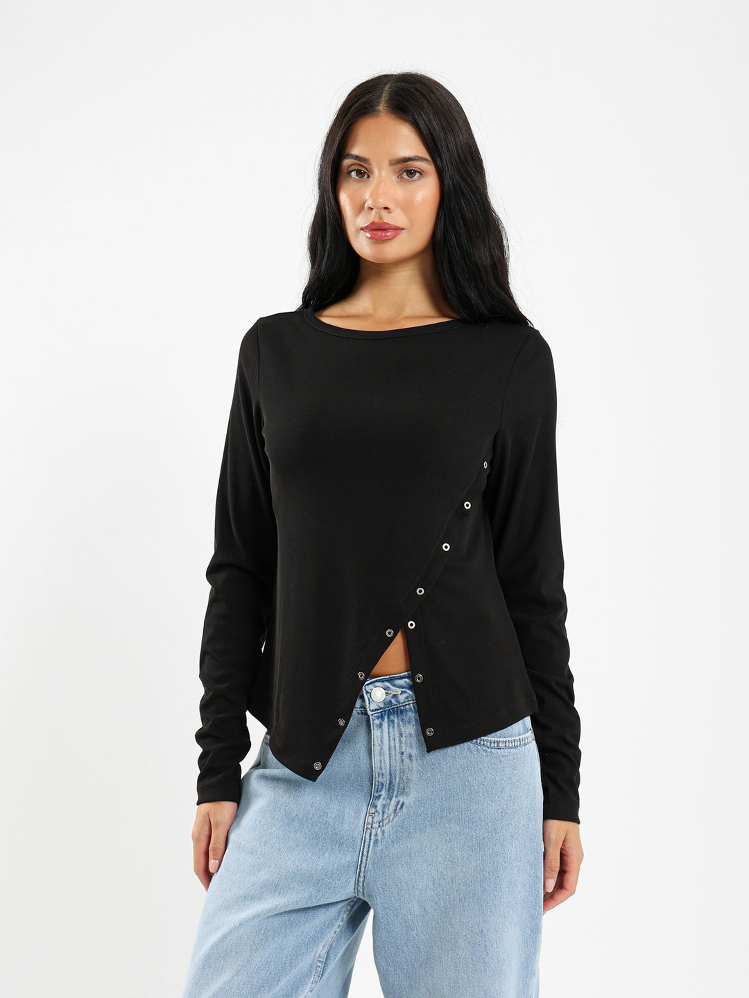 Long Sleeve Tshirt With Front Eyelet Detail