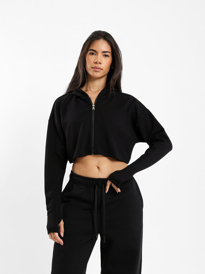 Printed Cropped Zip-Up Hoodie
