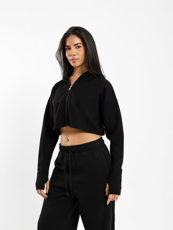 Printed Cropped Zip-Up Hoodie