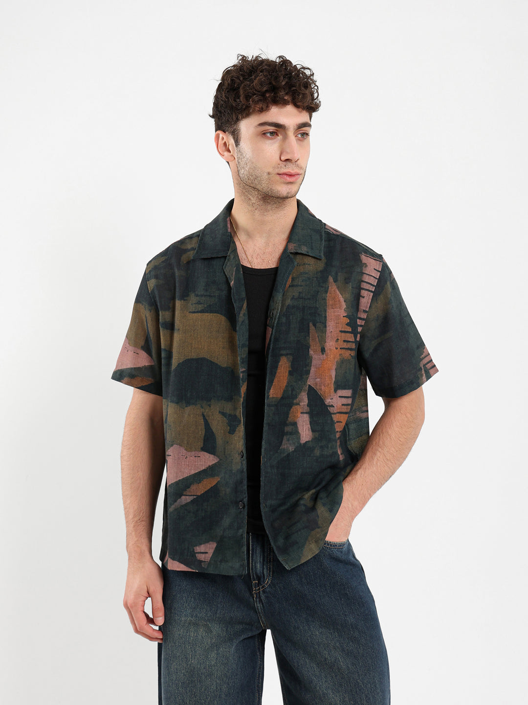 All Over Printed Leaves Camp Shirt