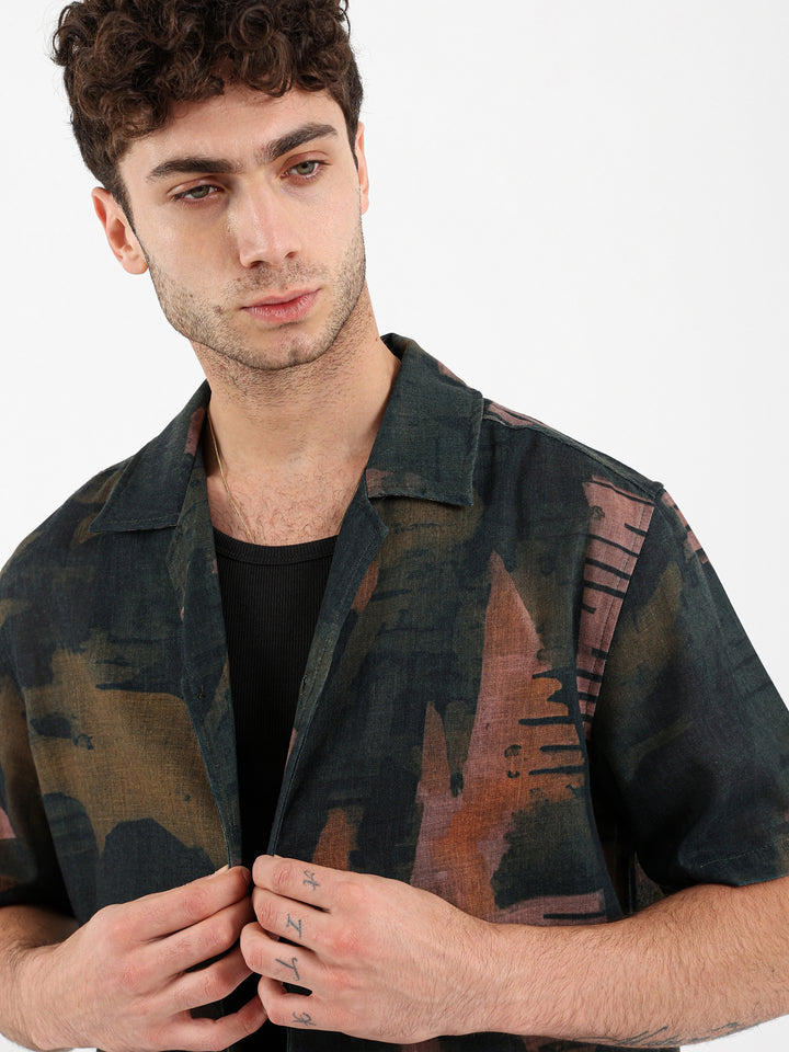All Over Printed Leaves Camp Shirt