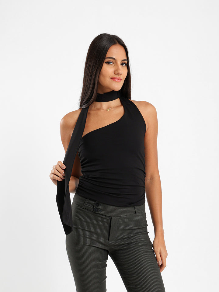 One Shoulder Tie Neck Top