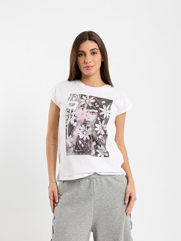 Girl With Flowers Print Loose T-Shirt