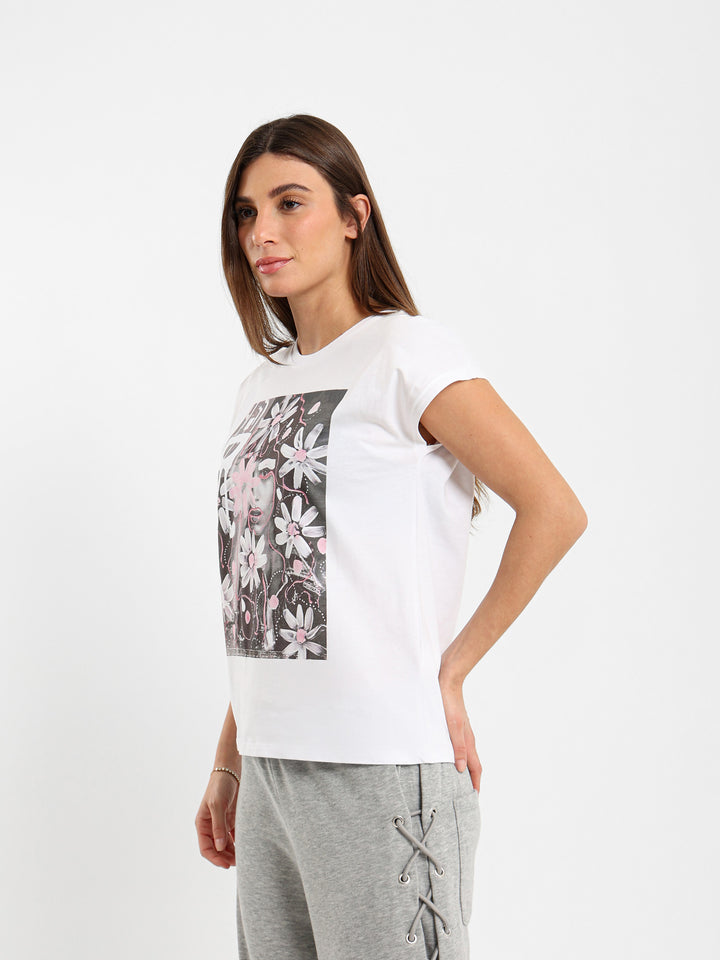Girl With Flowers Print Loose T-Shirt