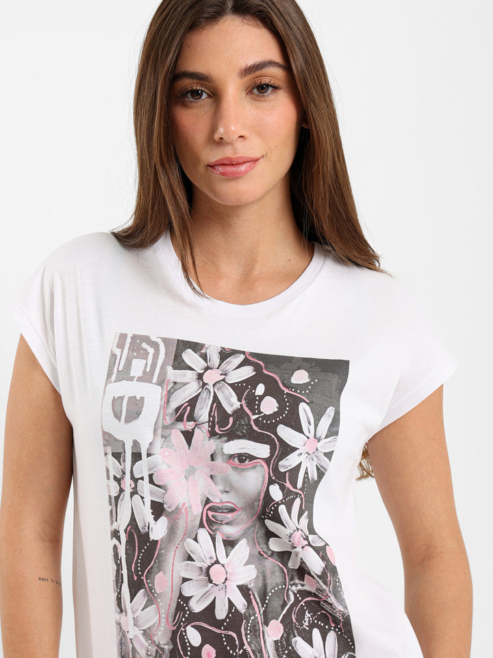 Girl With Flowers Print Loose T-Shirt