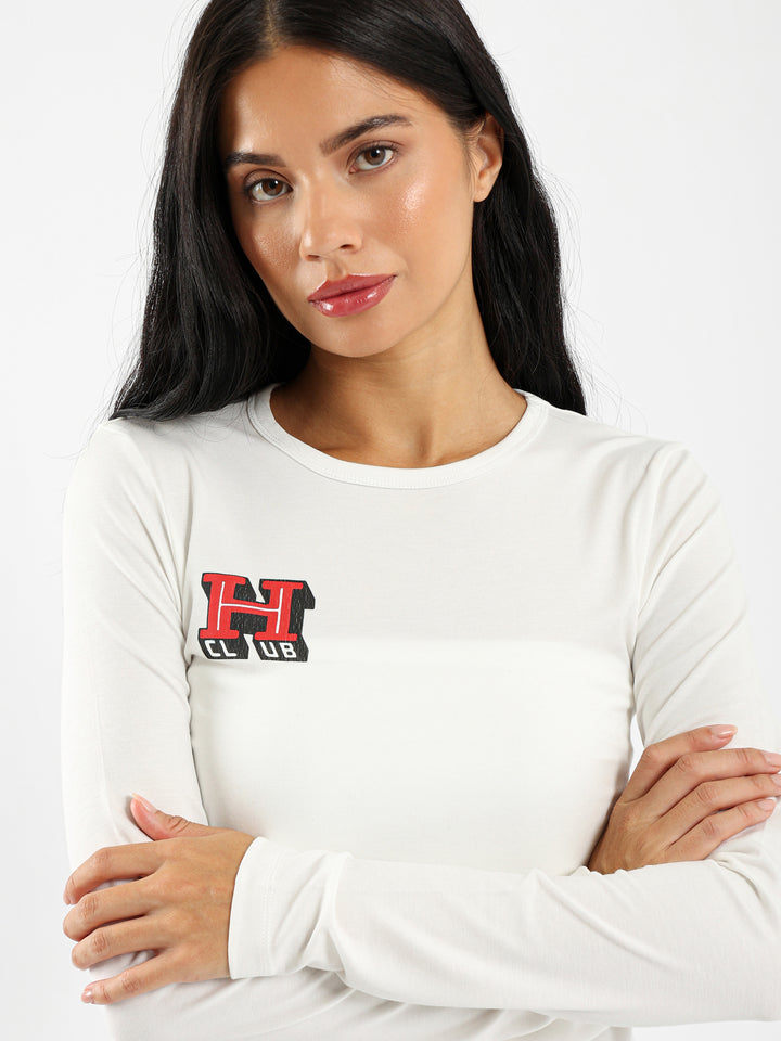 Fitted Long Sleeve Tee With Club Print