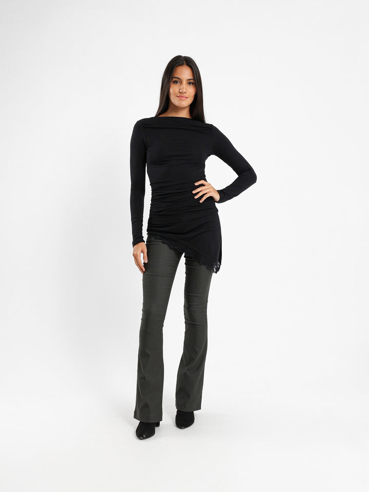 Boat Neck Long Sleeve Top With Asymmetric Hem