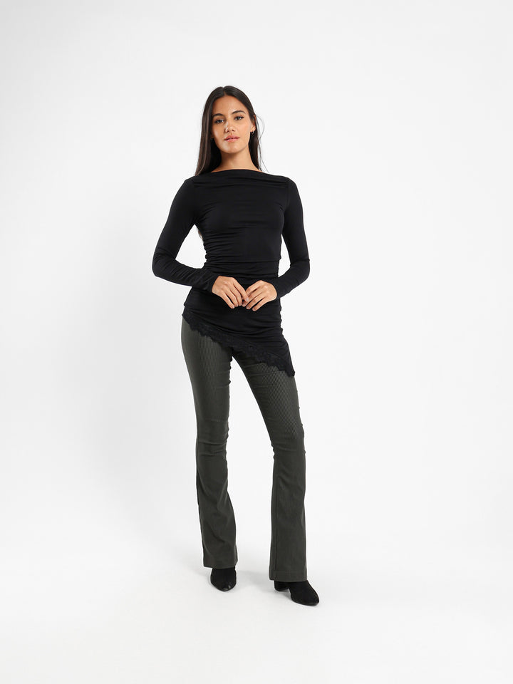Boat Neck Long Sleeve Top With Asymmetric Hem