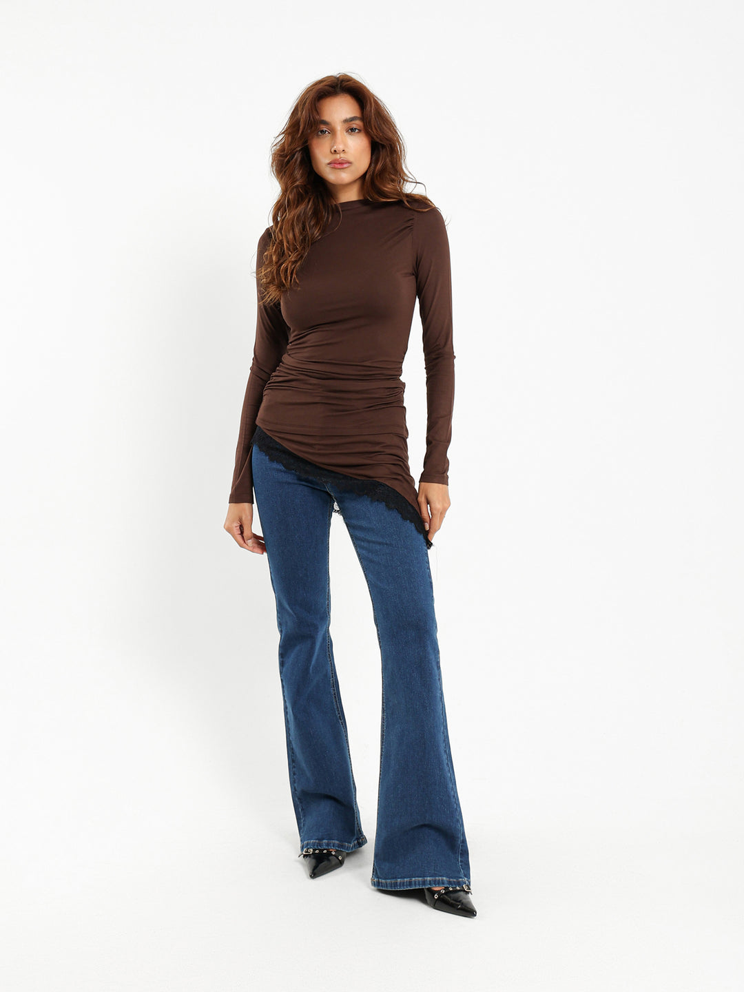 Boat Neck Long Sleeve Top With Asymmetric Hem
