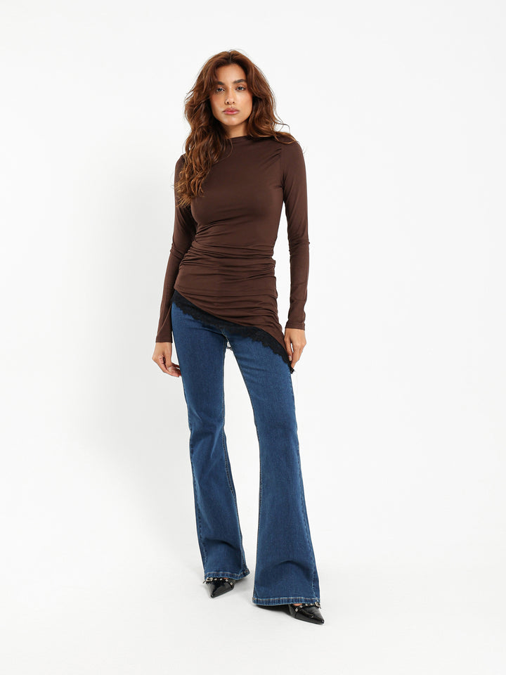 Boat Neck Long Sleeve Top With Asymmetric Hem