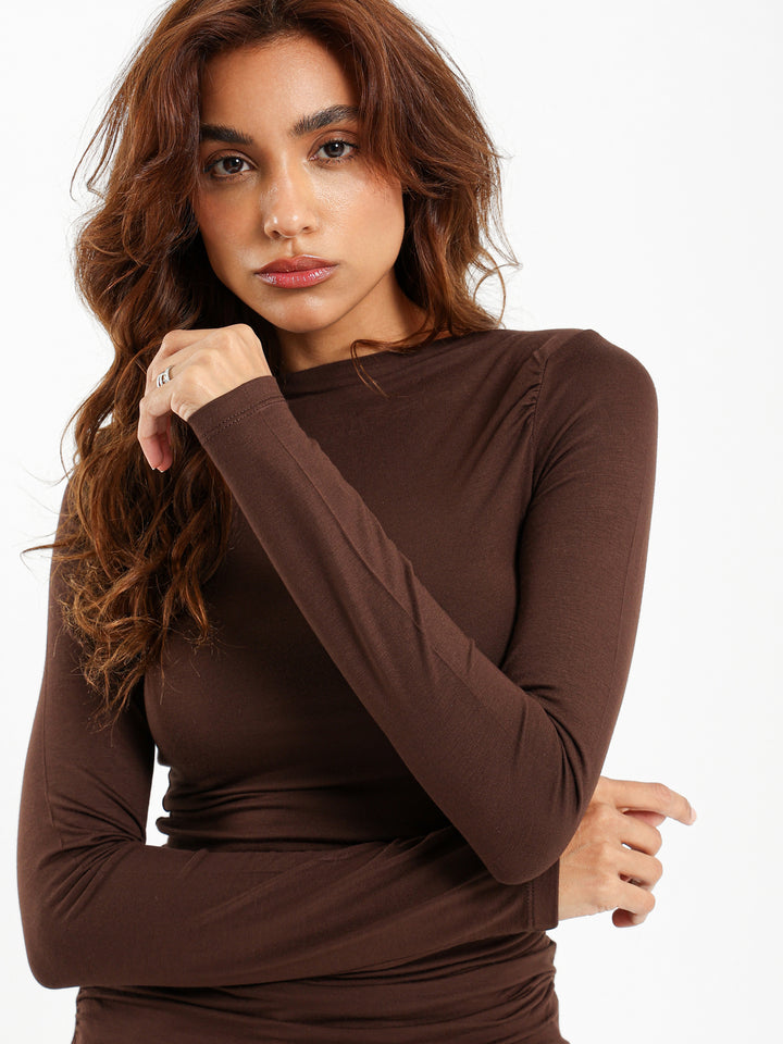 Boat Neck Long Sleeve Top With Asymmetric Hem