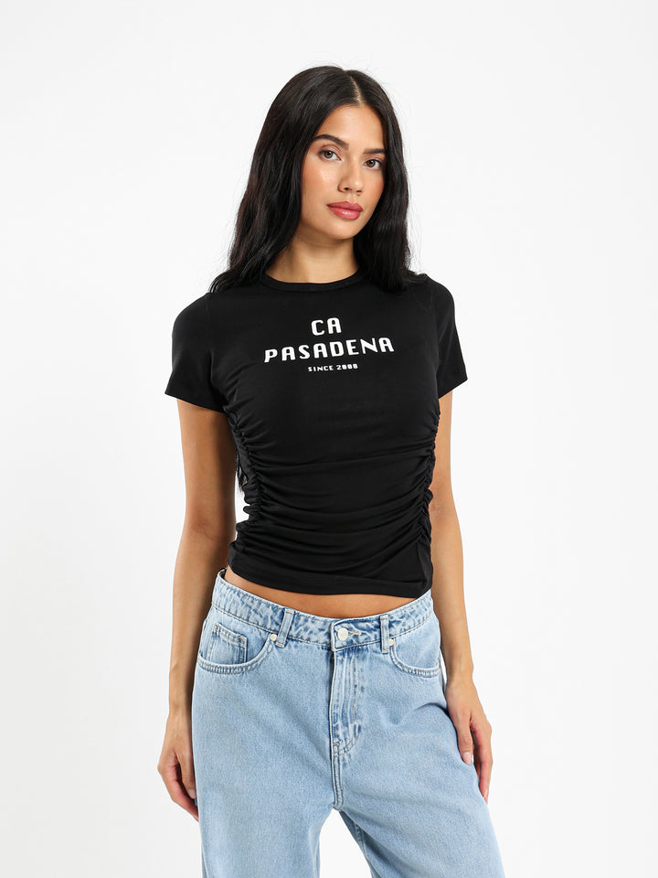 Printed Tee With Front Gathering
