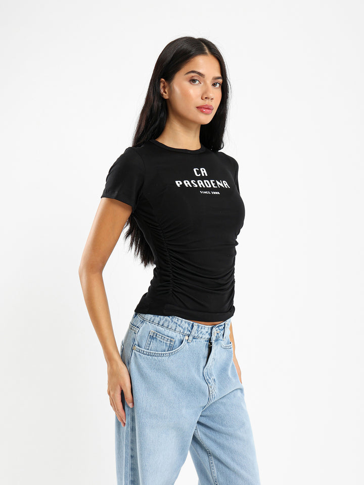 Printed Tee With Front Gathering