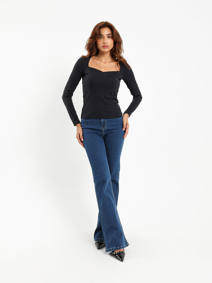 Square Neck Long Sleeve Top with Lace Trim