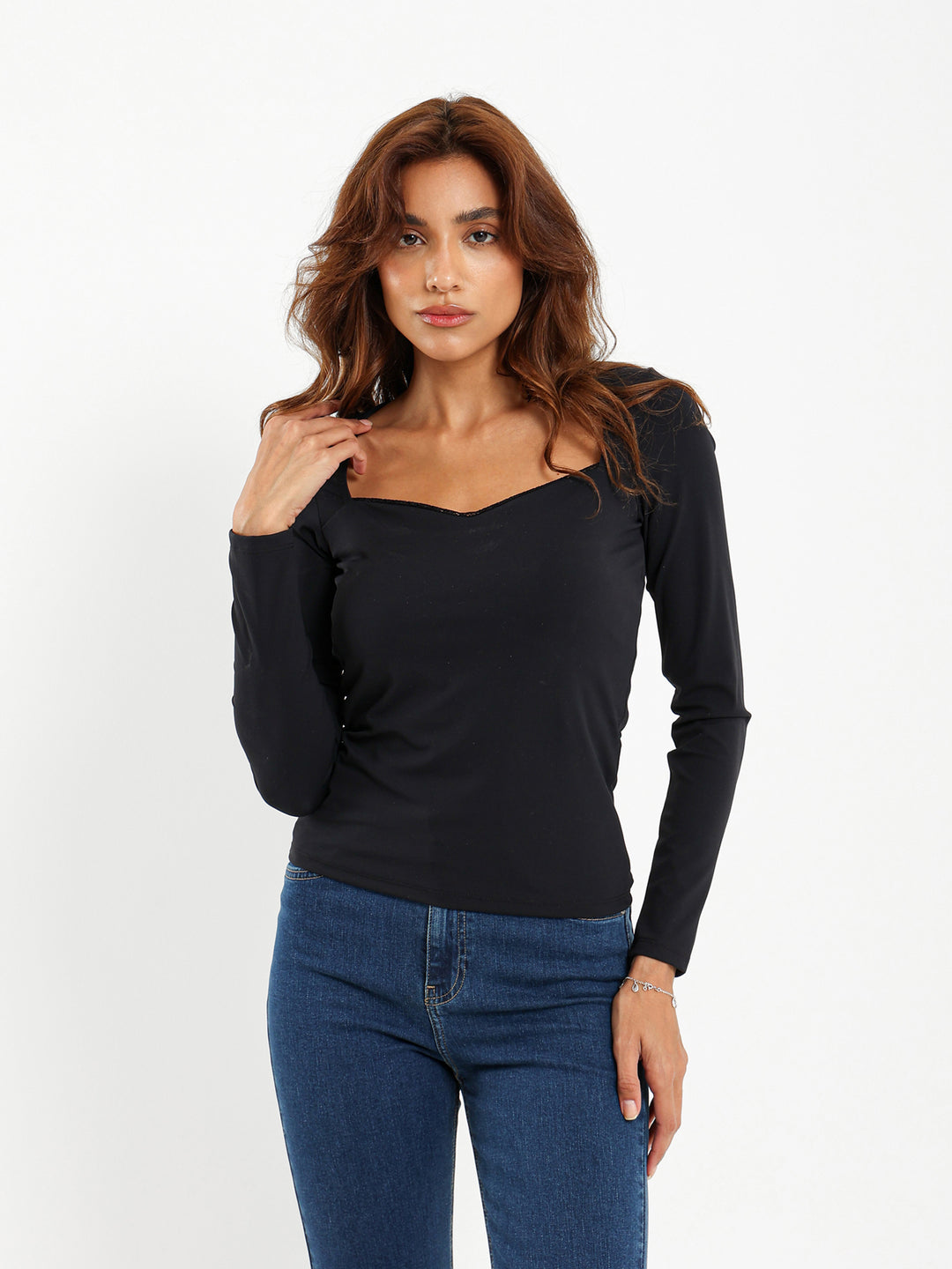 Square Neck Long Sleeve Top with Lace Trim
