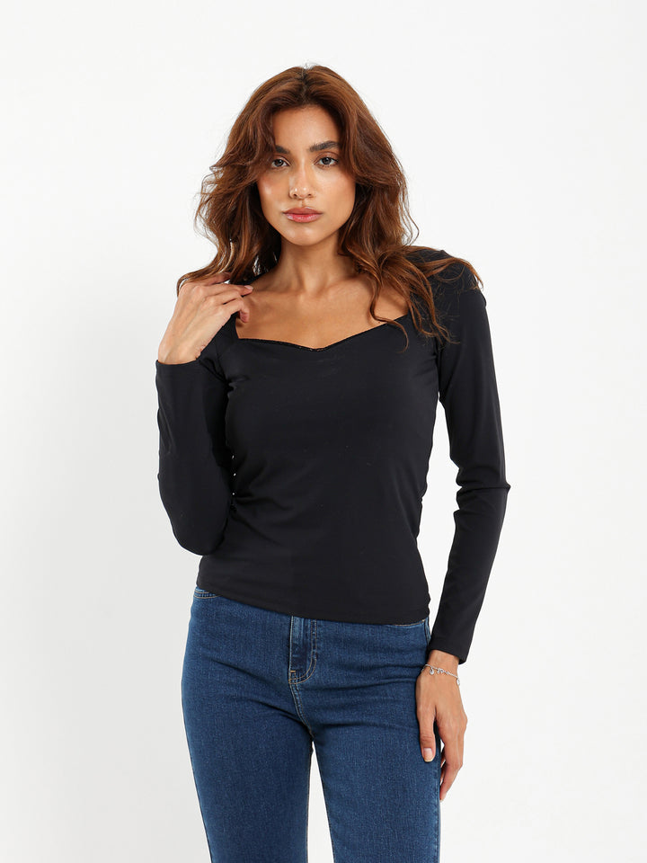 Square Neck Long Sleeve Top with Lace Trim