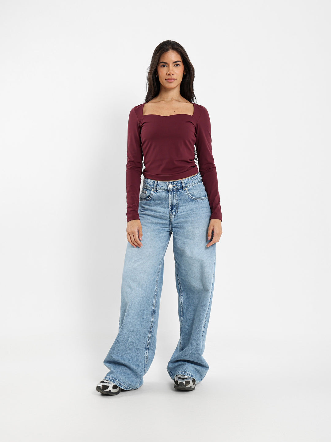 Square Neck Long Sleeve Top with Lace Trim