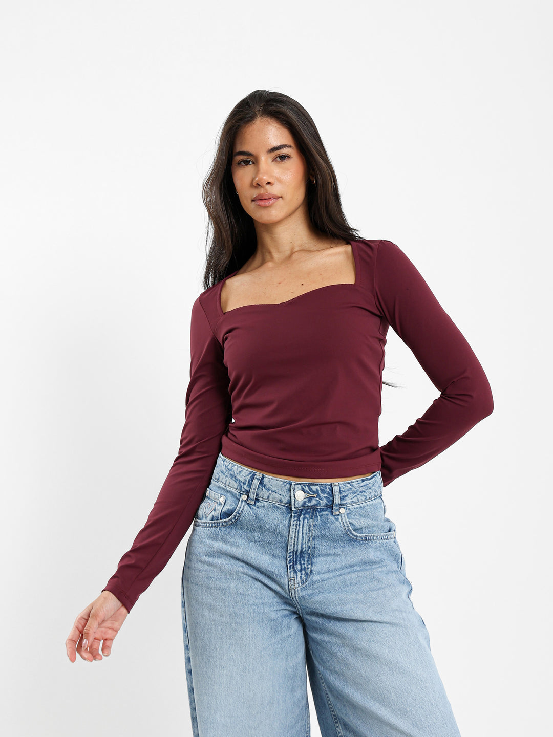 Square Neck Long Sleeve Top with Lace Trim