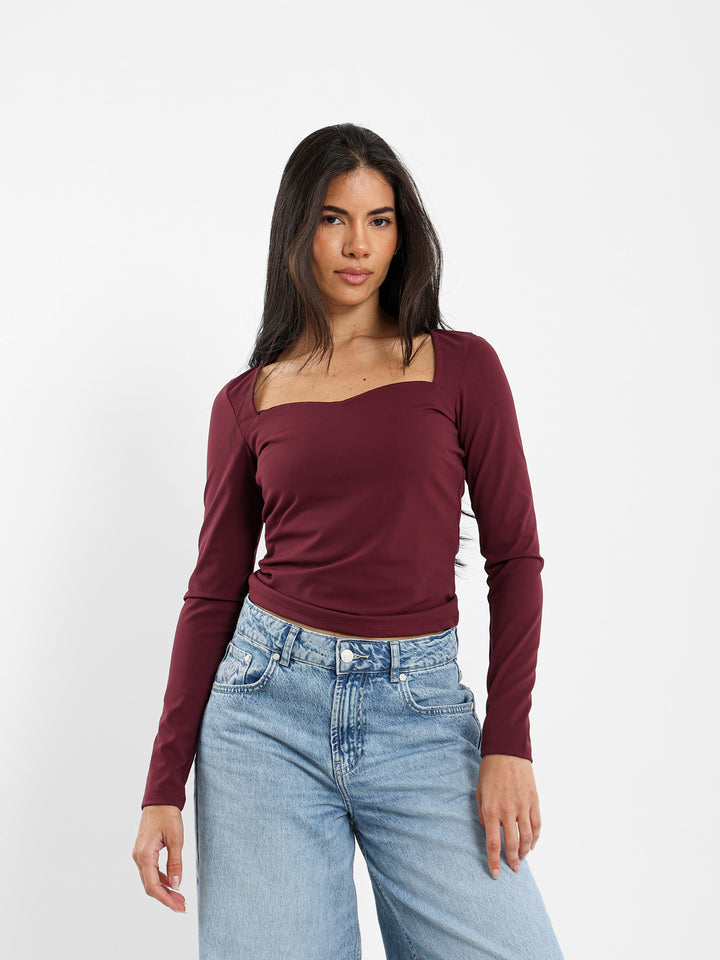 Square Neck Long Sleeve Top with Lace Trim