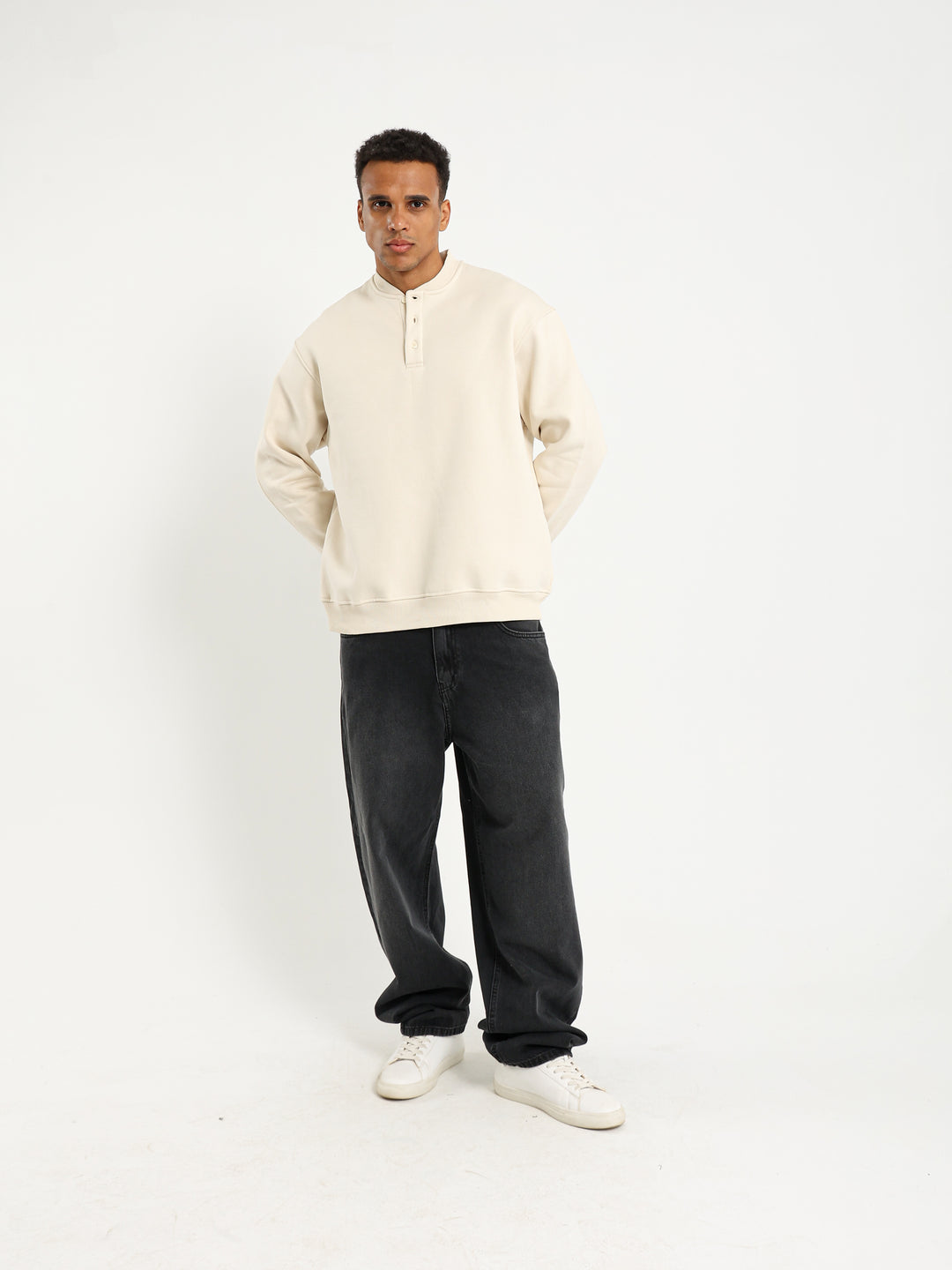 Boxy Sweatshirt with Neck Button