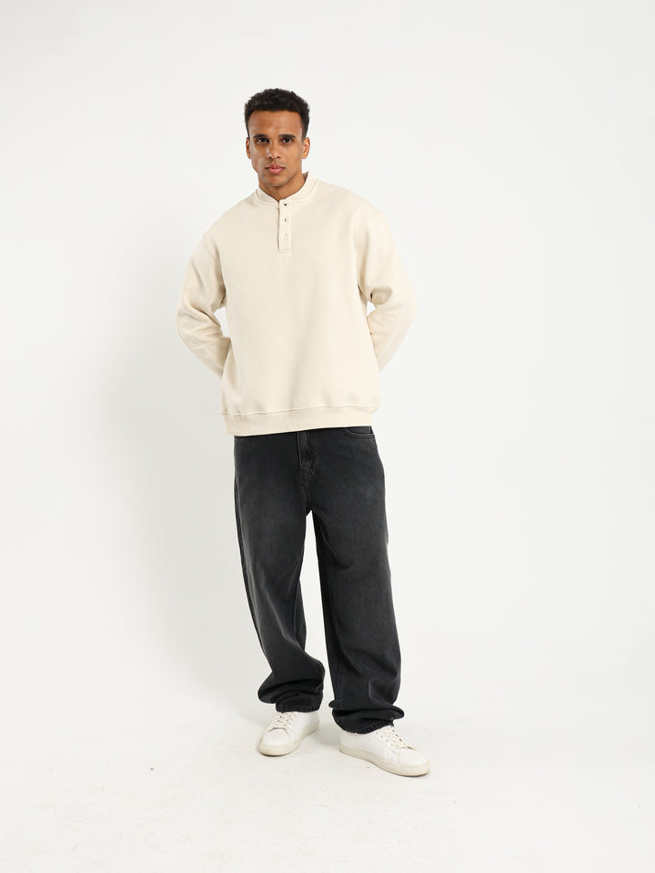 Boxy Sweatshirt with Neck Button