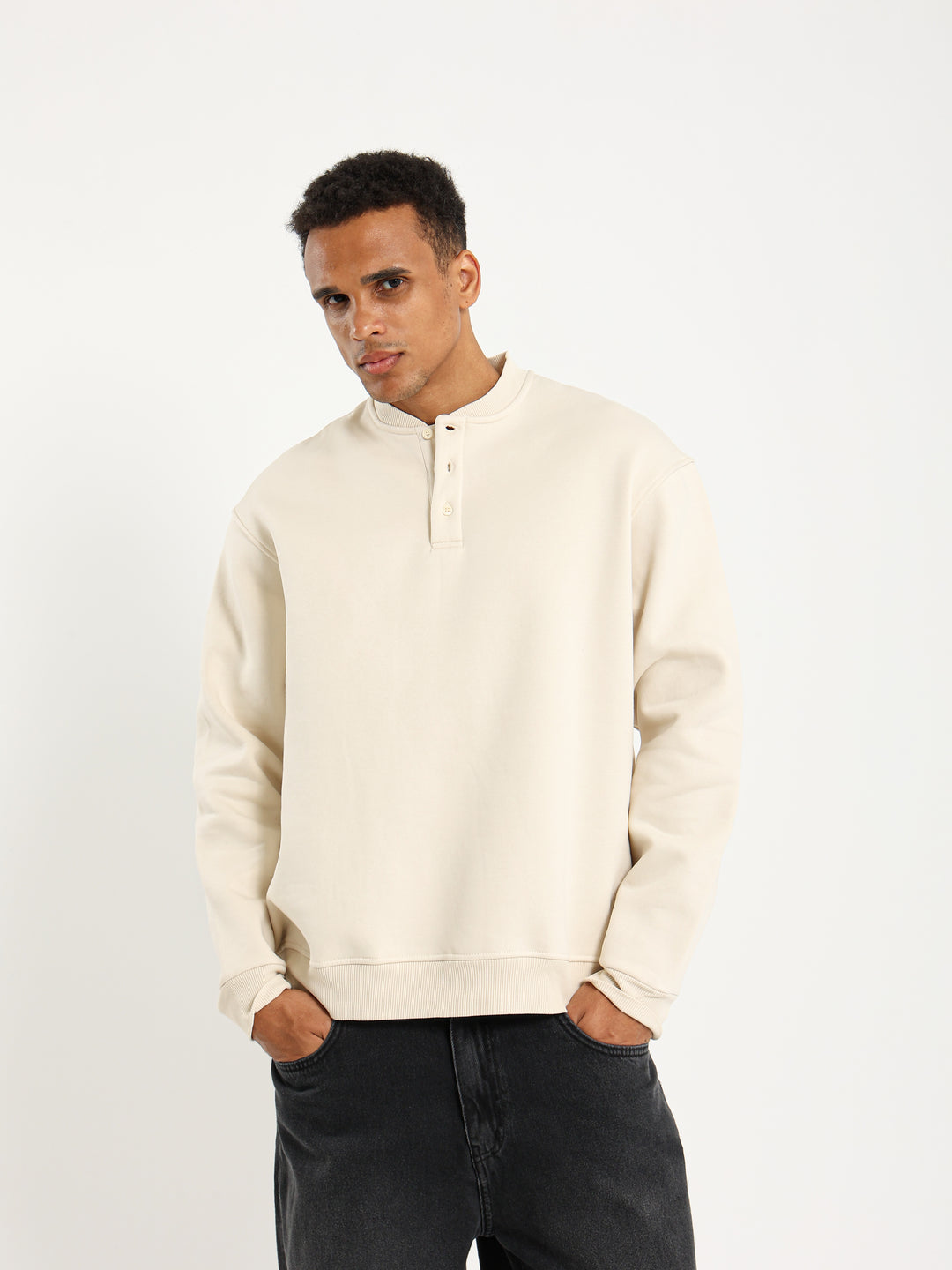 Boxy Sweatshirt with Neck Button