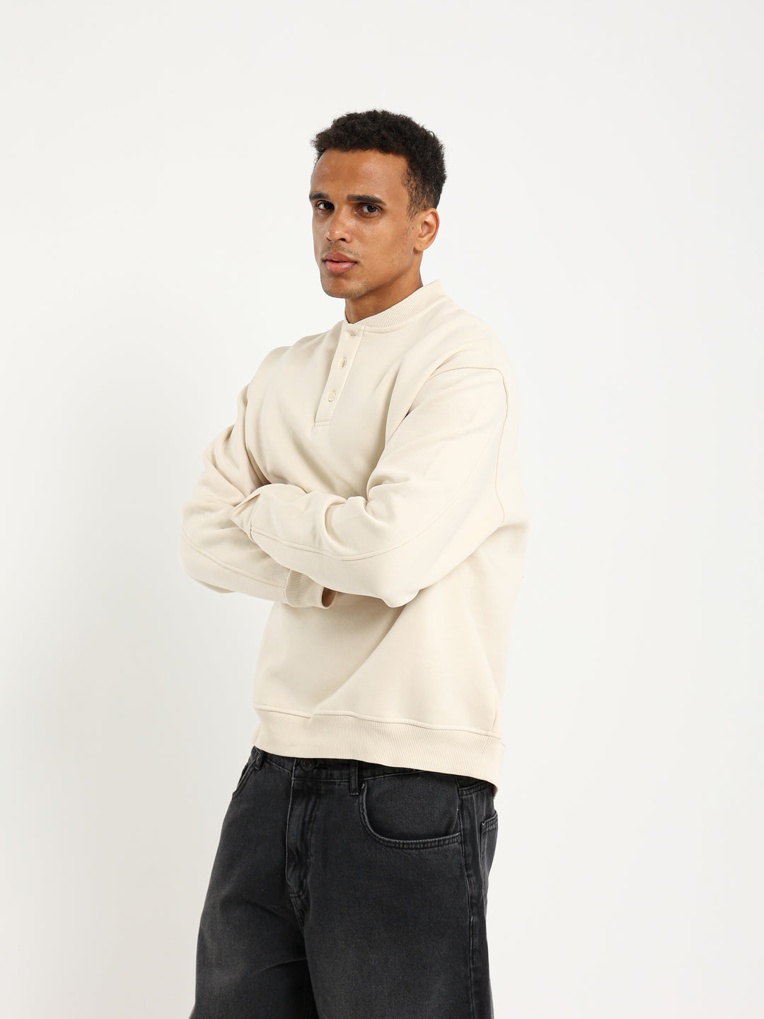 Boxy Sweatshirt with Neck Button
