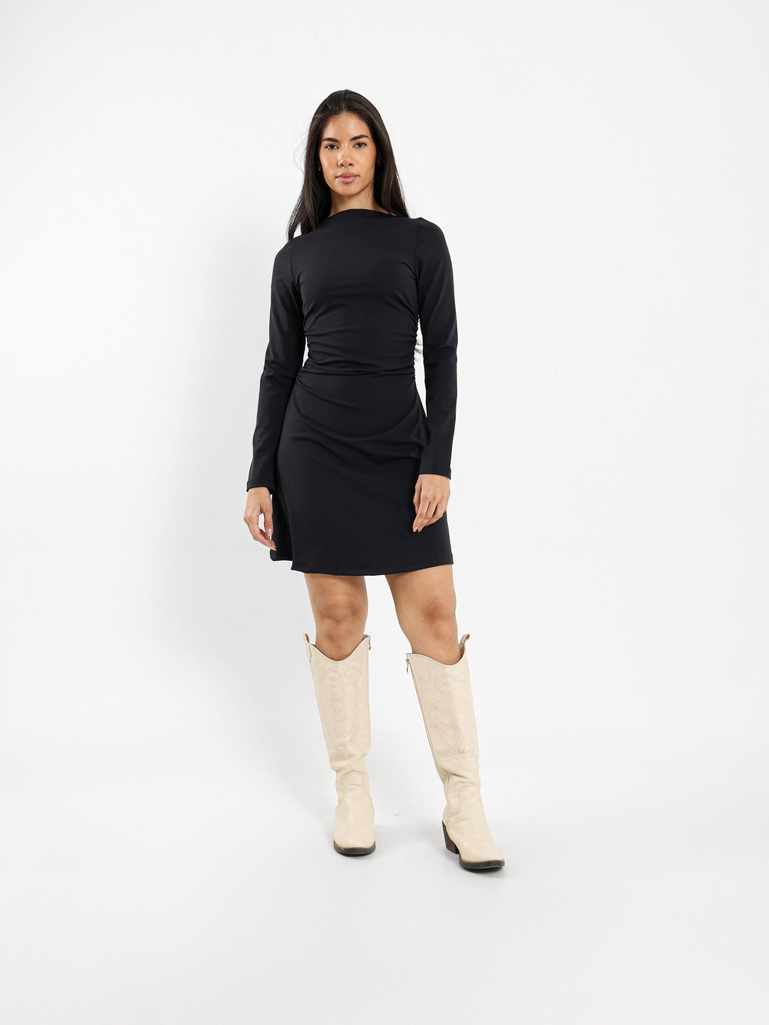 Long Sleeve Mini Dress With Ruched Side