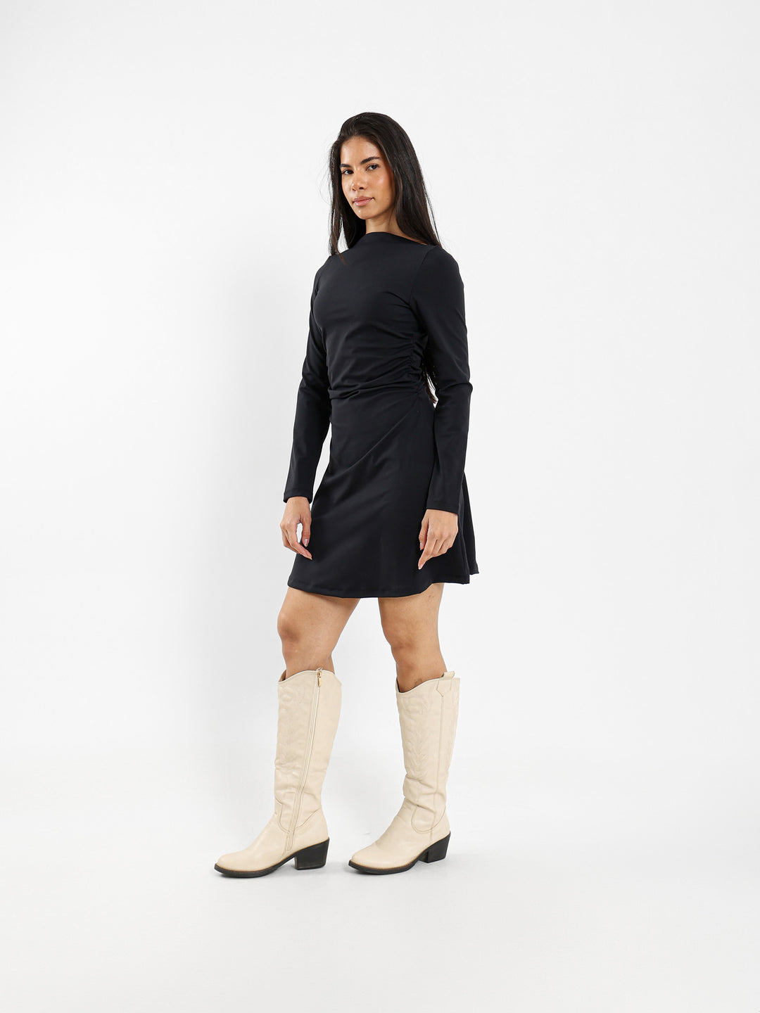 Long Sleeve Mini Dress With Ruched Side