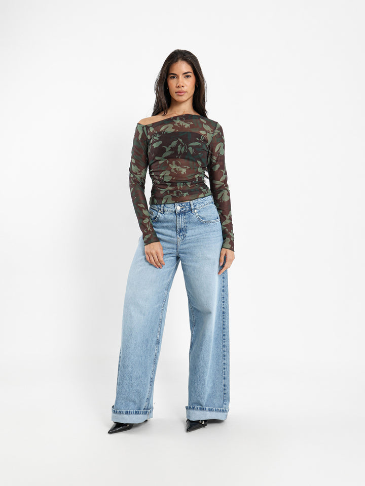 One-Shoulder All-Over Print Mesh Top
