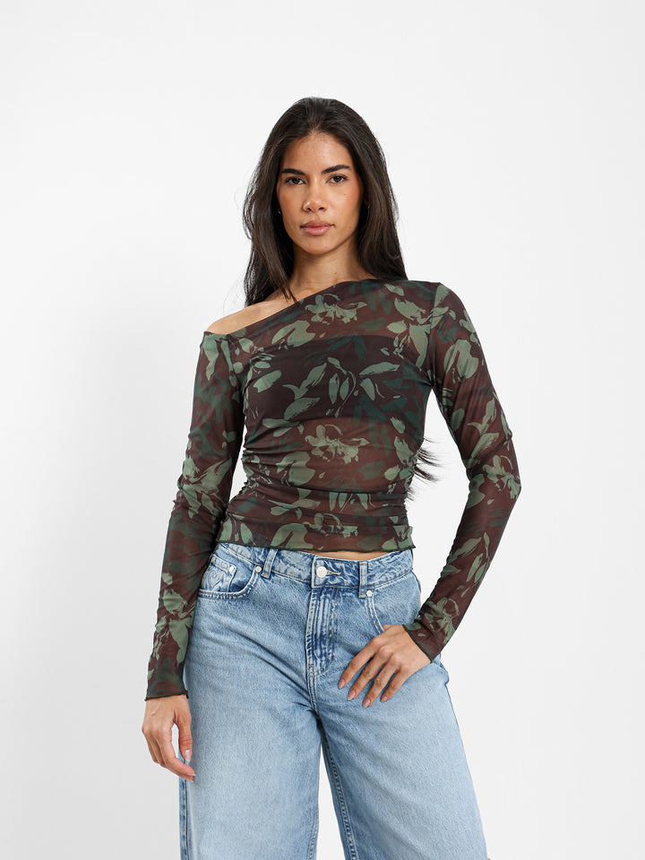 One-Shoulder All-Over Print Mesh Top