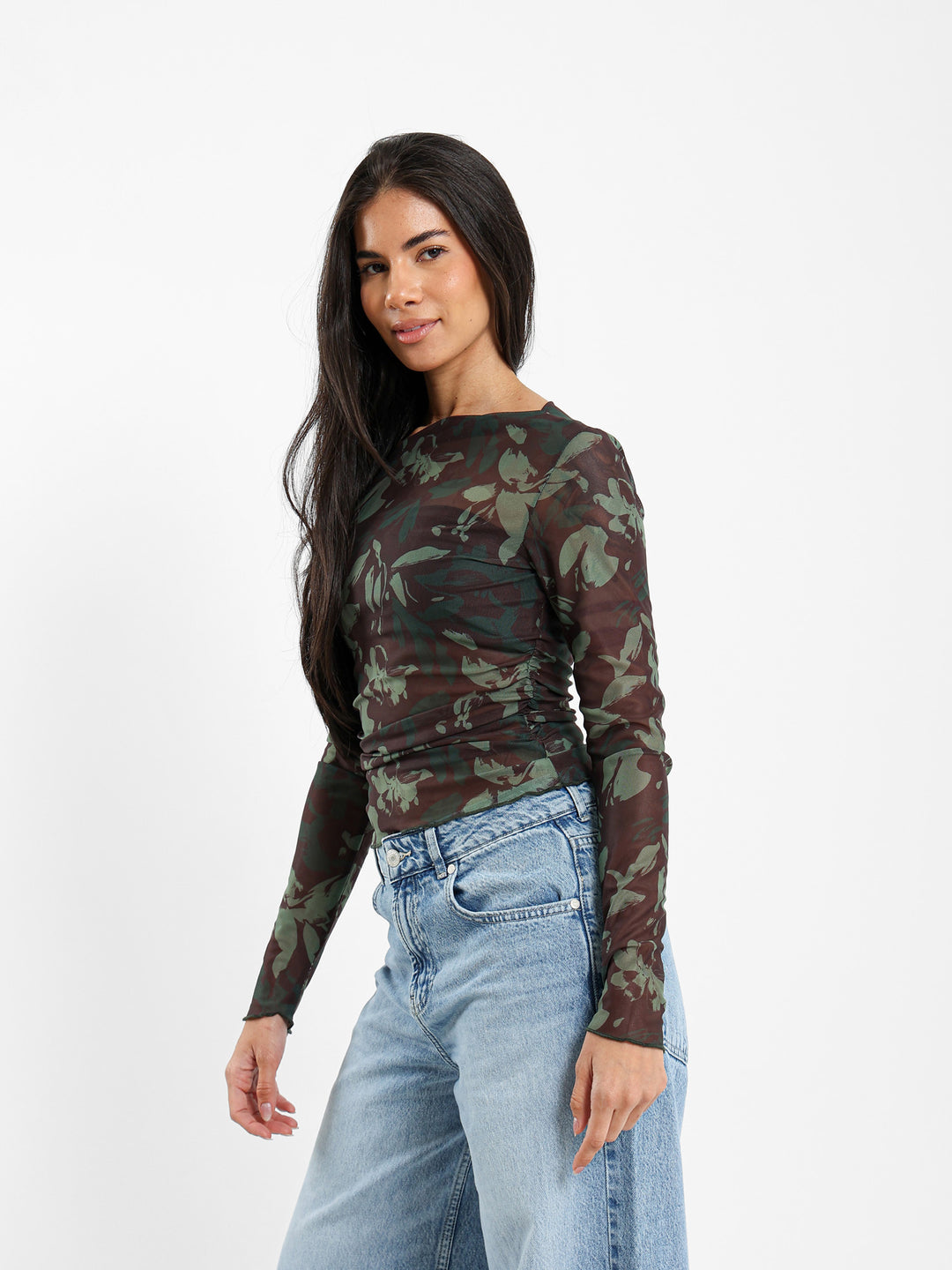One-Shoulder All-Over Print Mesh Top