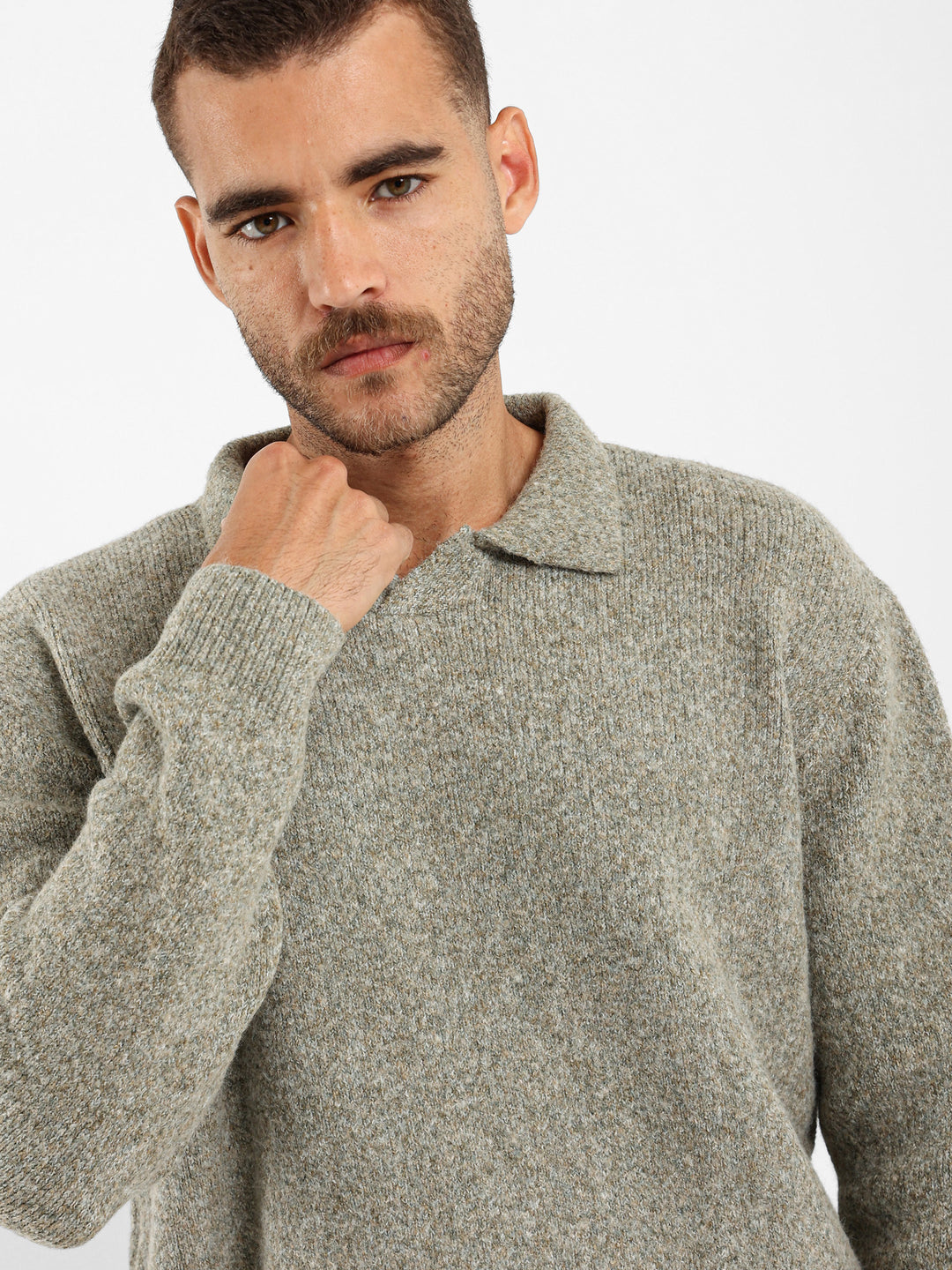 Mixed Yarn Tricot Long Sleeve Polo