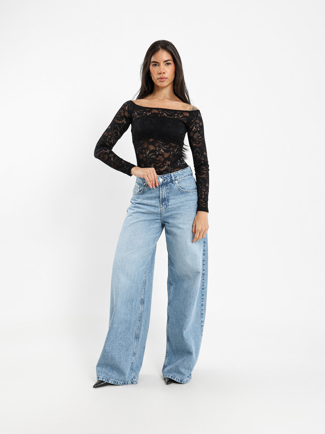 Off-Shoulder Lace Bodysuit with Lace Trim