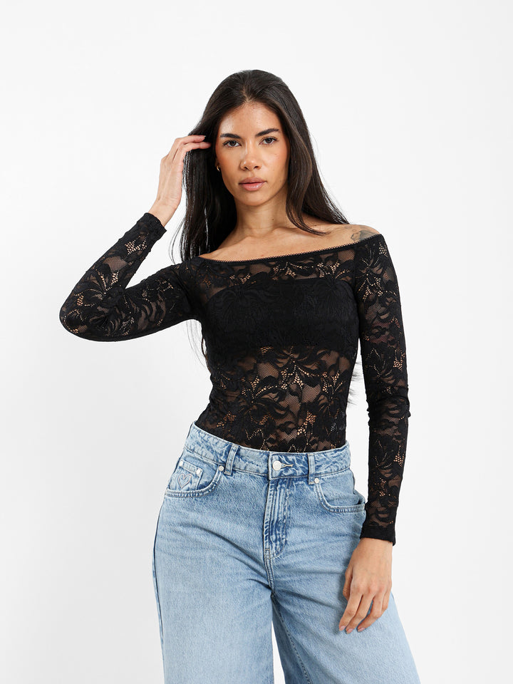 Off-Shoulder Lace Bodysuit with Lace Trim