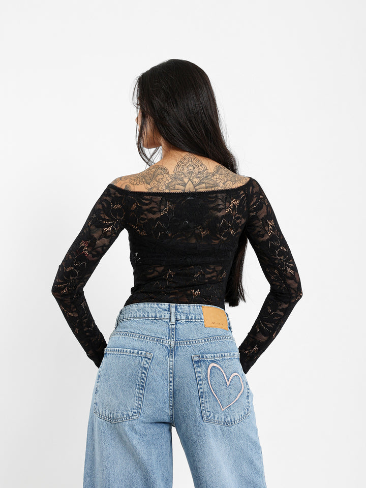 Off-Shoulder Lace Bodysuit with Lace Trim