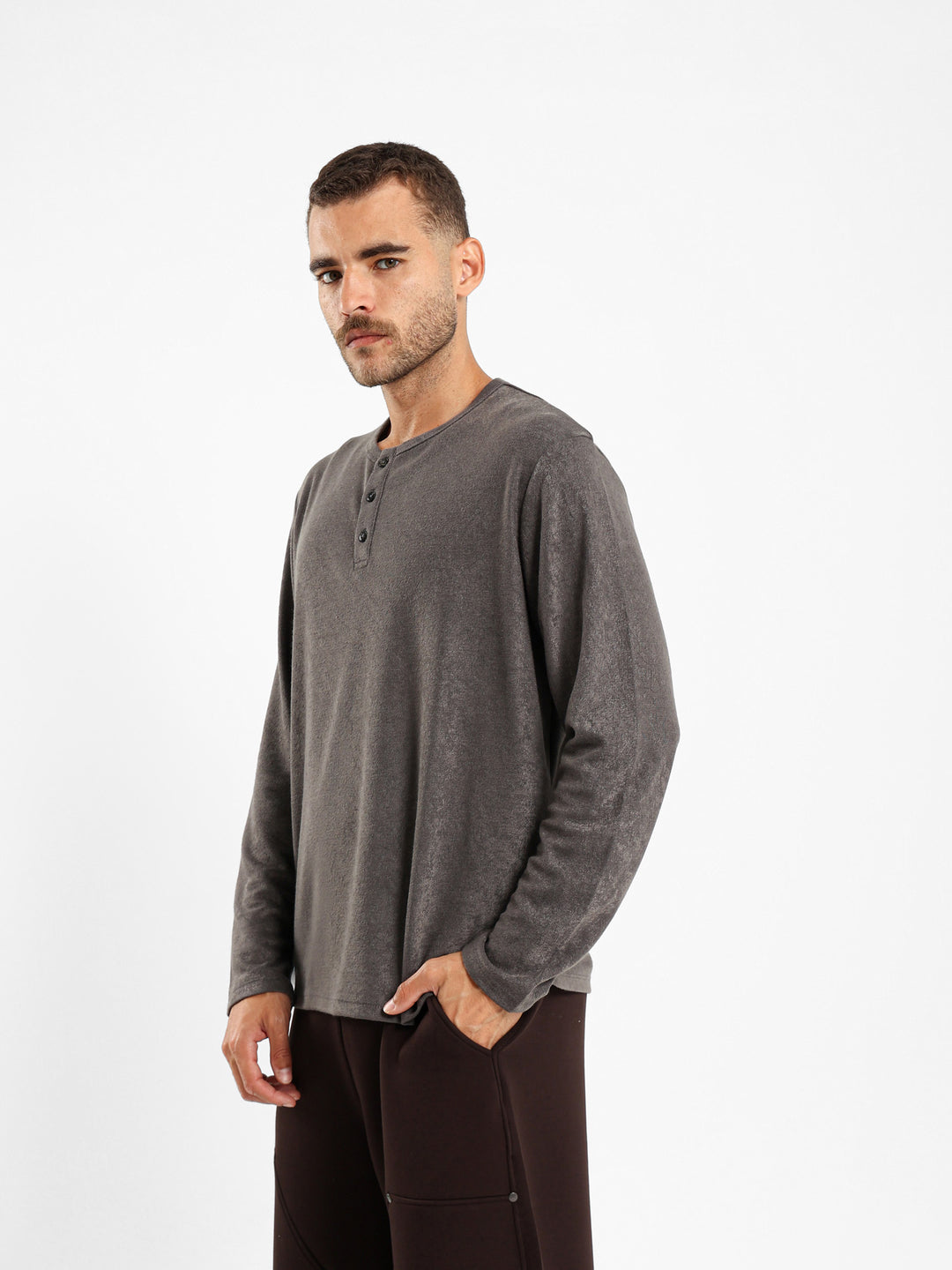 Ribbed Henley Long Sleeve T-shirt