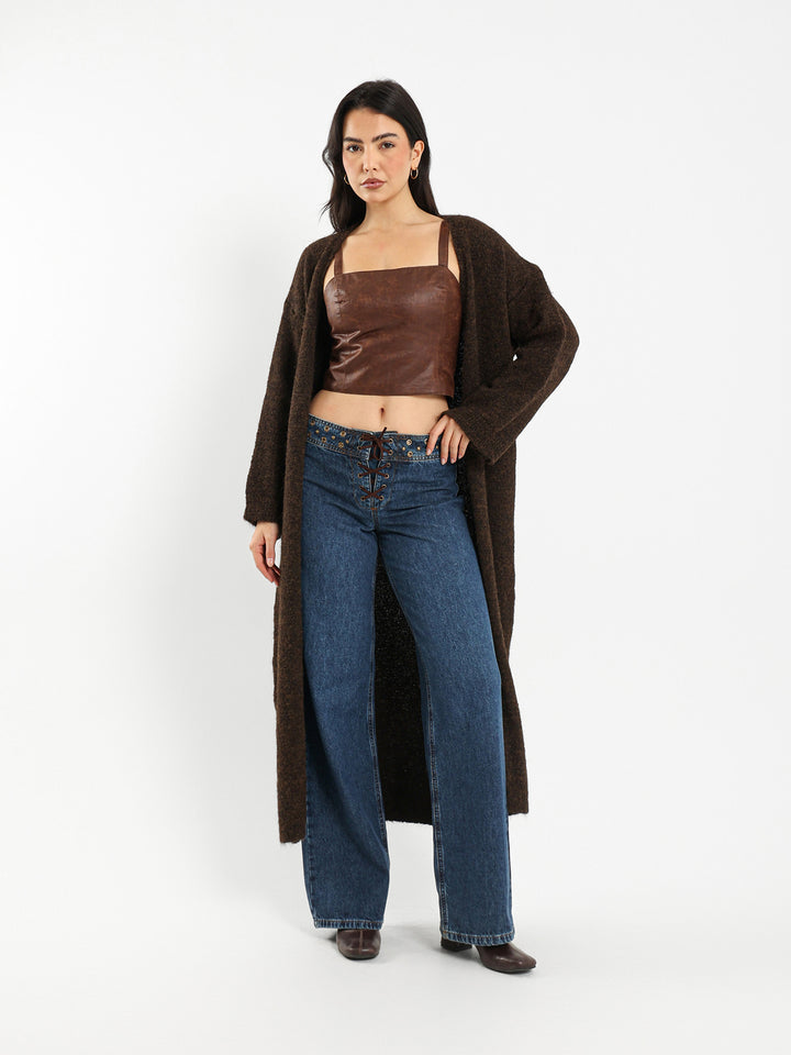 Low Waist Wide Leg Jeans with Studs and Tie