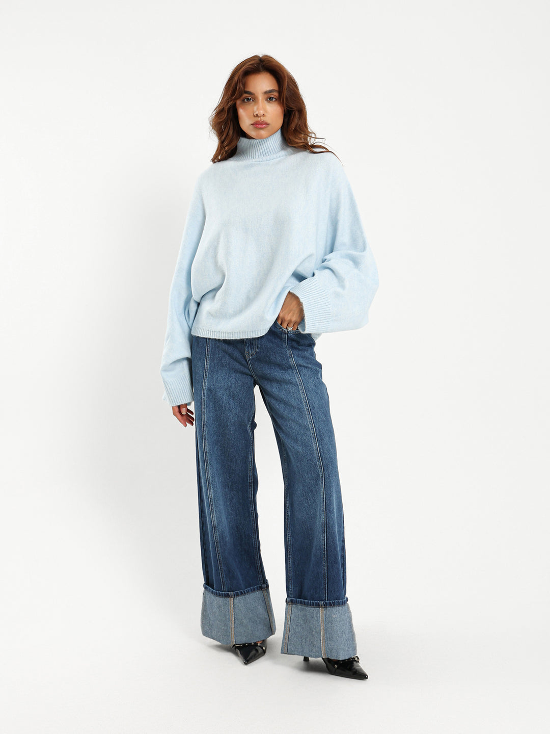 Mock Neck Pullover with Bat Sleeves