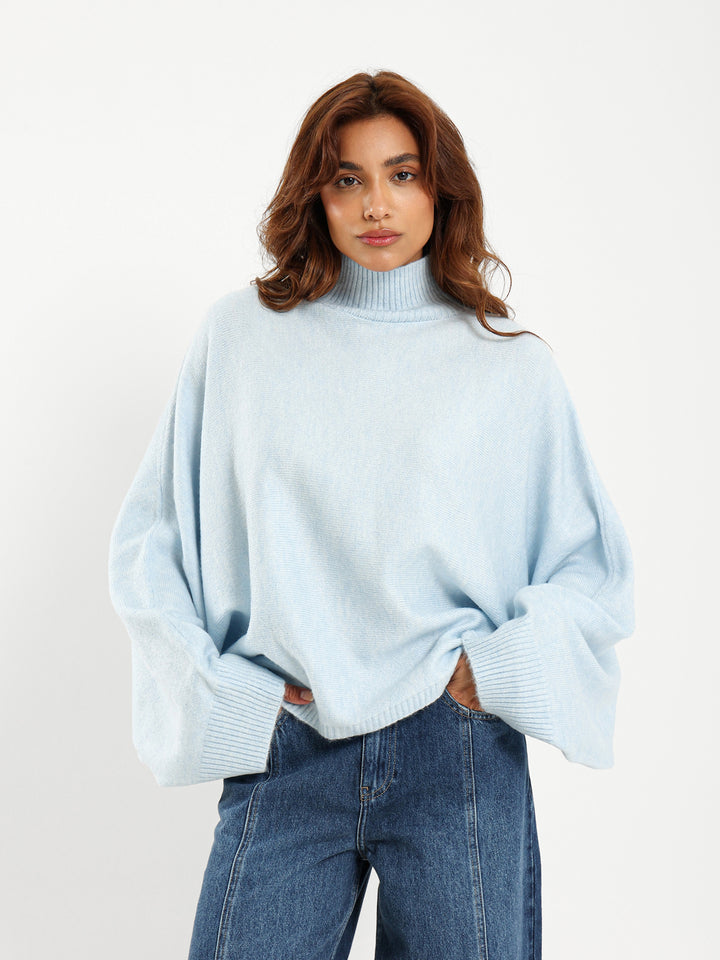 Mock Neck Pullover with Bat Sleeves
