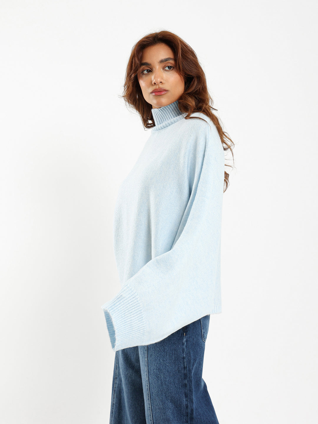 Mock Neck Pullover with Bat Sleeves
