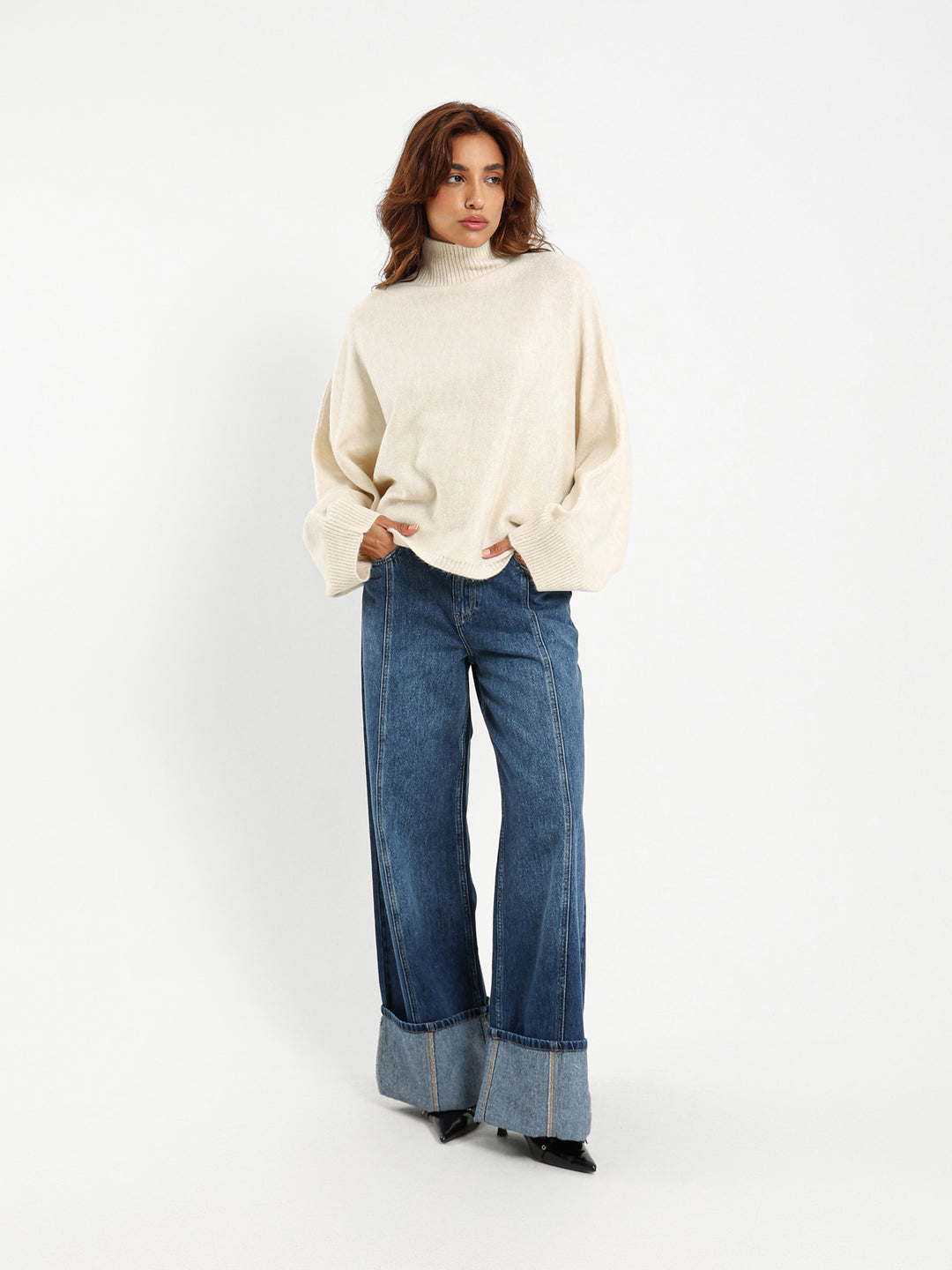 Mock Neck Pullover with Bat Sleeves