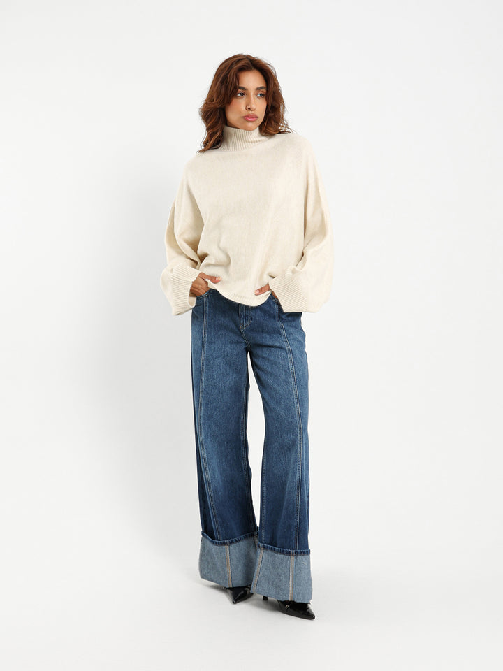 Mock Neck Pullover with Bat Sleeves