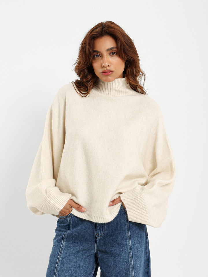 Mock Neck Pullover with Bat Sleeves