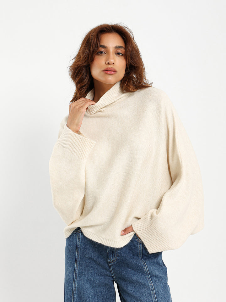 Mock Neck Pullover with Bat Sleeves