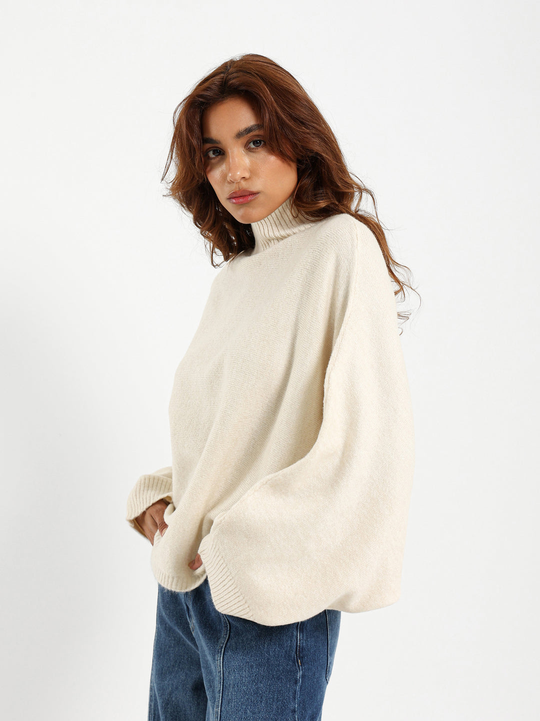 Mock Neck Pullover with Bat Sleeves