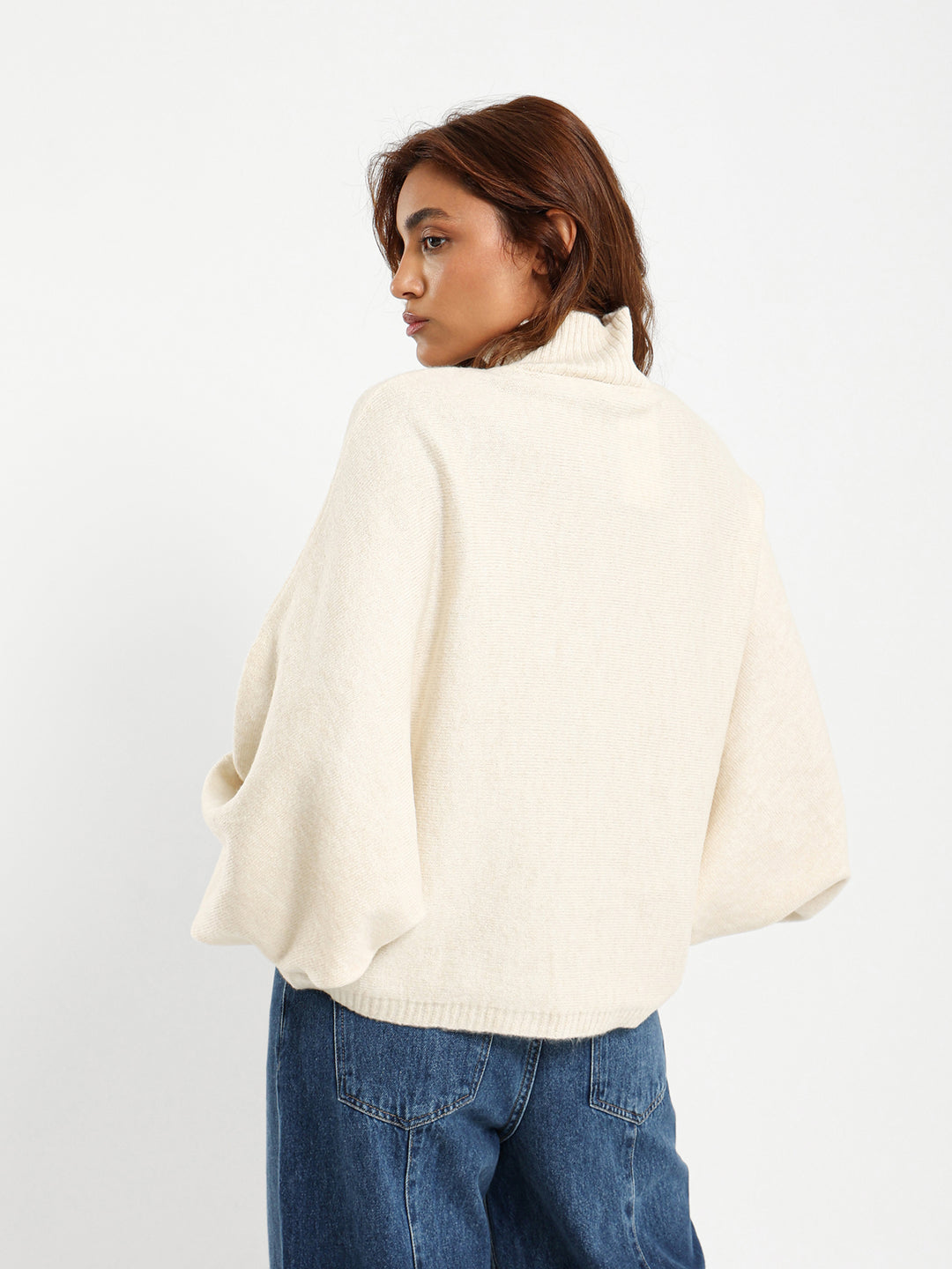 Mock Neck Pullover with Bat Sleeves